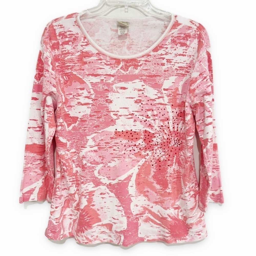 Jess & Jane | Abstract Floral Top Rhinestone Pink White Size Medium